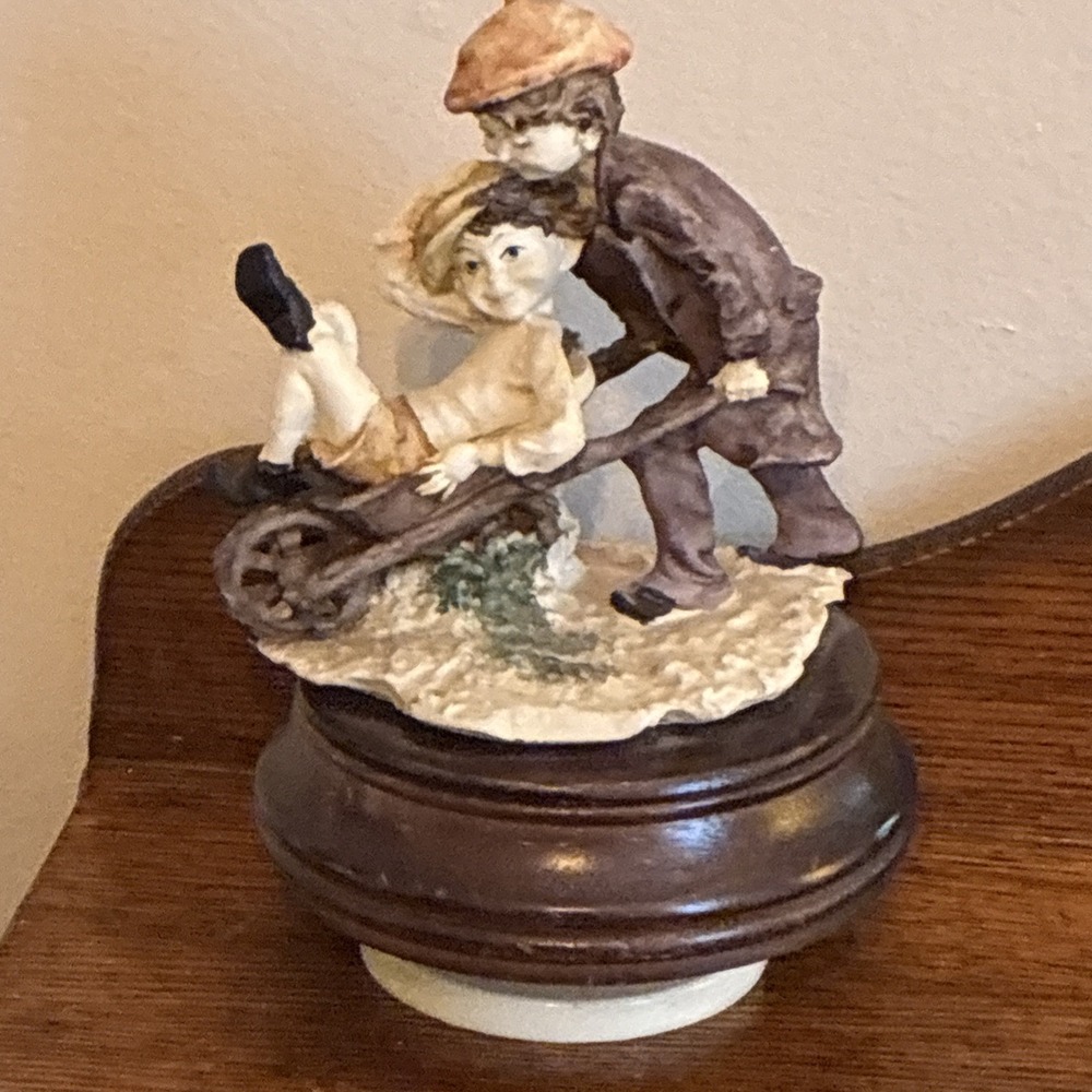 Vintage Music Box on wood base 2 Boys playing on a‎ wheelbarrow.